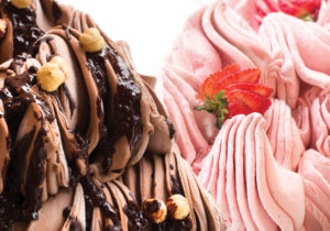 chocolate hazelnut gelato ice cream and strawberry sorbet sorbetto